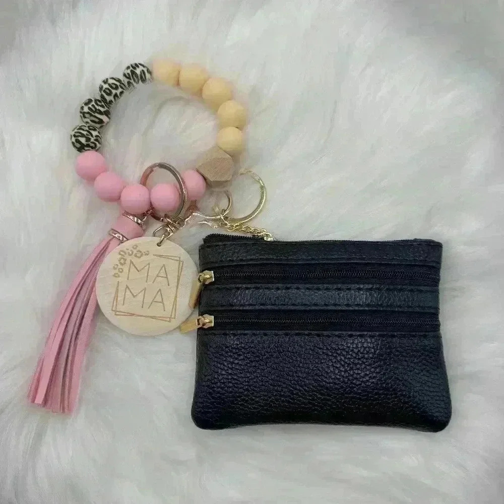 Carmella Black Wristlet Wallet with Mom Keychain tassel